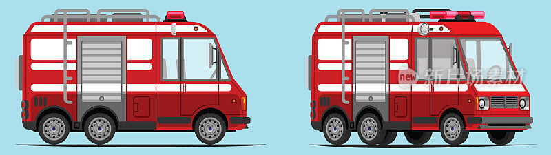 小型消防车、小型消防车，具有侧视图和3/4视图